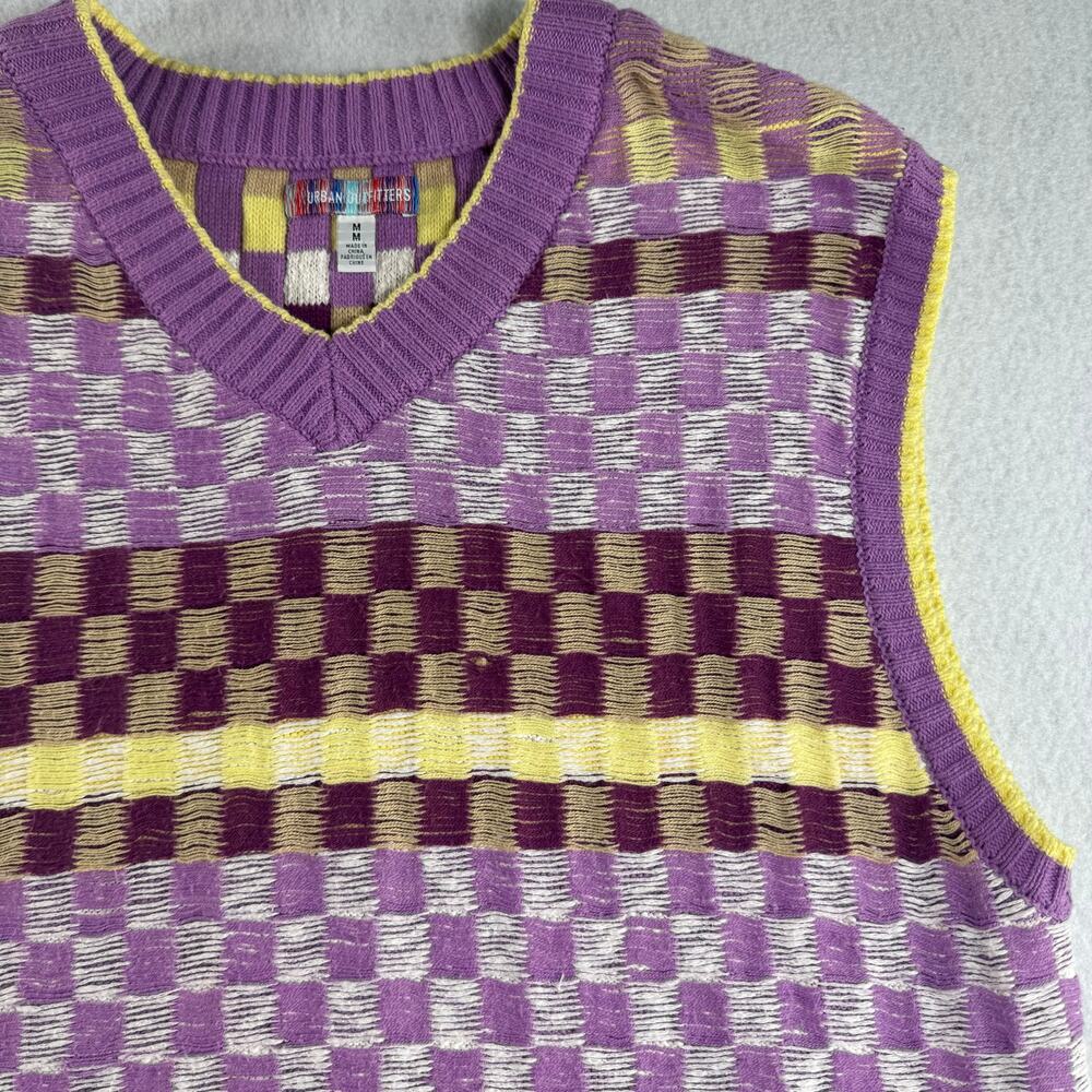 Urban Outfitters Purple Yellow White Checkered V-Neck Sweater Vest Medium Easter